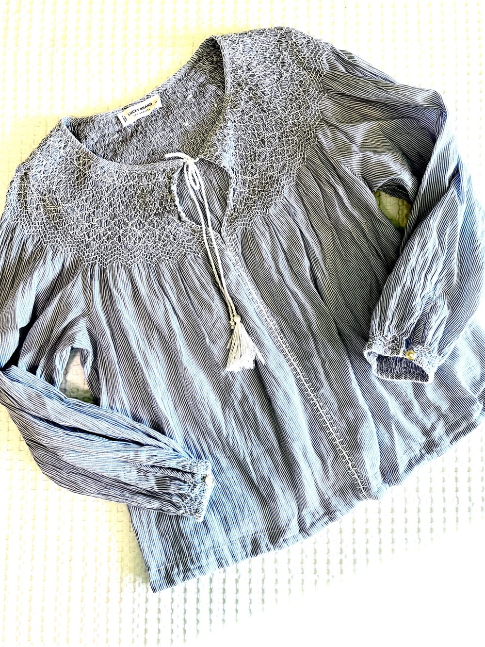 Lucky Brand Light Blue Boho Lace Yoke Peasant Blouse